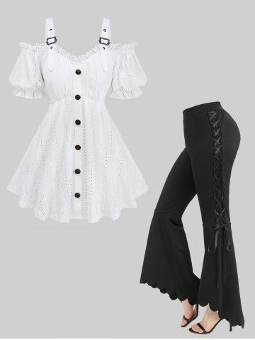 Jacquard Embroidery Pointelle Hollow Out Top and Lace Up Scalloped Asymmetric Flare Pants Plus Size Outfit - WHITE