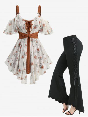 Rose Flower Print Jacquard Embroidery 2 in 1 Blouse and Lace Up Scalloped Asymmetric Flare Pants Plus Size Outfit - COFFEE