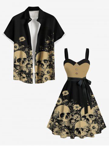 Skulls Daisy Flowers Print Plus Size Matching Hawaii Beach Outfit For Couples - BLACK
