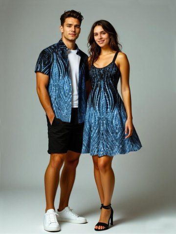 Curve Pattern Sparkling Sequin 3D Print Plus Size Matching Hawaii Beach Outfit For Couples - BLUE