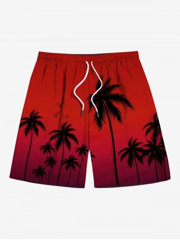 Plus Size Ink Painting Coconut Tree Ombre Print Hawaii Drawstring Pocket Beach Shorts For Men - RED - 7XL