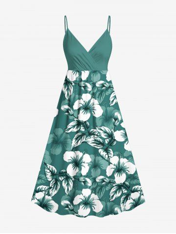Plus Size Tropical Leaf Hibiscus Flower Print Hawaii Surplice A Line Cami Dress - GREEN - XXS