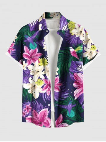 Plus Size Tropical Leaf Lily Flower Bird Print Hawaii Button Pocket Shirt For Men - PURPLE - 6XL