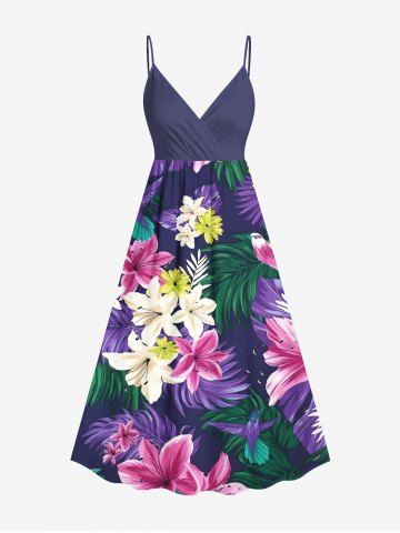 Plus Size Tropical Leaf Lily Flower Bird Print Hawaii Surplice A Line Cami Dress - PURPLE - 6X