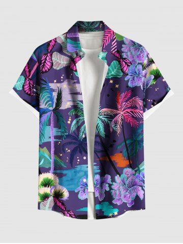 Plus Size Colorful Coconut Tree Tropical Leaf Hibiscus Flower Print Hawaii Button Pocket Shirt For Men - PURPLE - 5XL