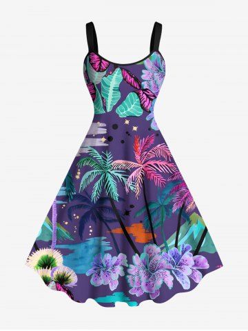 Plus Size Colorful Coconut Tree Tropical Leaf Hibiscus Flower Print Hawaii A Line Tank Dress - PURPLE - 1X