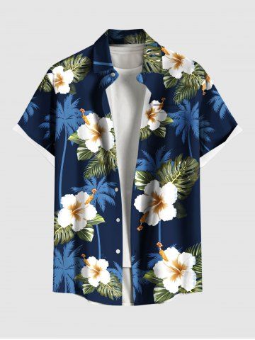Plus Size Coconut Tree Tropical Leaf Hibiscus Flower Print Hawaii Button Pocket Shirt For Men - BLACK - 4XL