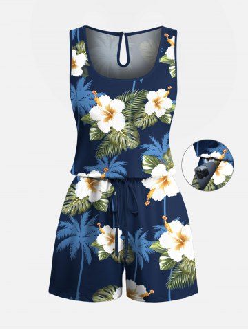 Plus Size Coconut Tree Tropical Leaf Hibiscus Flower Print Hawaii Drawstring Pocket Romper - BLACK - S