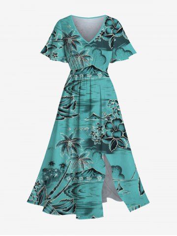 Plus Size Coconut Tree Hibiscus Flower Seascape Print Hawaii Split Pocket A Line Midi Dress - GREEN - XXS