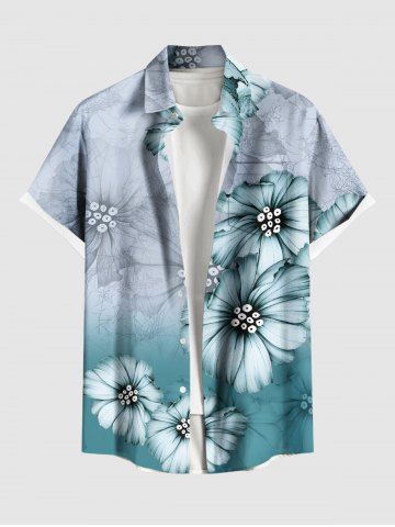 Plus Size Ombre Flower Print Hawaii Button Pocket Shirt For Men - GREEN - 5XL