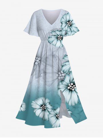 Plus Size Ombre Flower Print Hawaii Split Pocket A Line Midi Dress - LIGHT GRAY - 6X