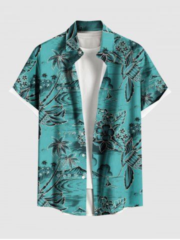Plus Size Coconut Tree Hibiscus Flower Seascape Print Hawaii Button Pocket Shirt For Men - GREEN - S