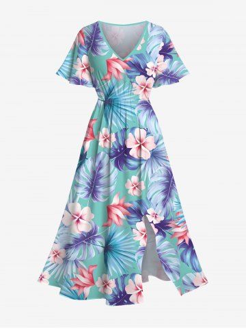 Plus Size Tropical Leaf Hibiscus Flower Print Hawaii Split Pocket A Line Midi Dress - LIGHT GREEN - XXS