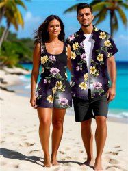 Matching Hawaii Shirt and Romper Plus Size Beach Outfit Flower Leaf Branch Print For Couples -  