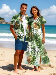 Tenue de plage hawaïenne assortie grande taille à imprimé feuilles tropicales et cocotiers pour couples - Vert 