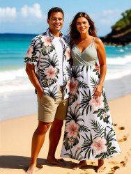 Tenue de plage hawaïenne assortie grande taille à imprimé feuilles tropicales et fleurs d'hibiscus pour couples - Blanc 