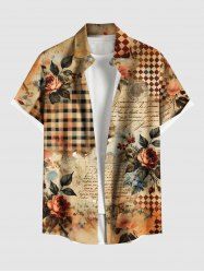 Plus Size Rose Flower Leaf Newspaper Plaid Print Buttons Pocket Hawaii Shirt For Men -  