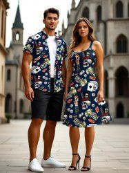 Tenue assortie grande taille pour couple, motif tête de mort et dés de poker - Noir 