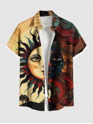 Plus Size Sun Moon Star Face Trees Print Buttons Pocket Shirt For Men -  