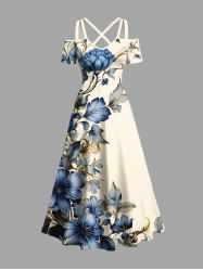 Plus Size Flowers Leaf Print Cold Shoulder Crisscross Hawaii Maxi Dress -  