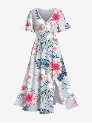 Plus Size Hibiscus Flowers Leaf Tropical Print Split Hawaii Midi Dress -  