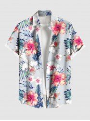 Plus Size Hibiscus Flowers Leaf Tropical Print Buttons Pocket Hawaii Shirt For Men -  