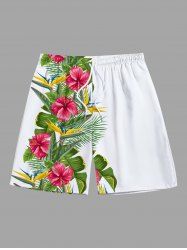 Short de plage hawaïen grande taille à imprimé feuilles tropicales et fleurs d'hibiscus pour homme - Blanc 5XL