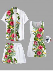 Ensemble chemise et barboteuse hawaïennes assorties, grande taille, tenue de plage, imprimé feuilles tropicales et hibiscus, pour couples - Blanc 
