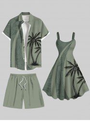 Tenue de plage hawaïenne assortie grande taille à imprimé feuilles tropicales de cocotier pour couples - Vert clair 
