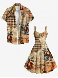 Tenue de plage hawaïenne assortie grande taille à imprimé écossais, motif feuilles de roses et journaux, pour couples - café 