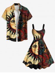 Tenue de plage hawaïenne assortie grande taille, motif soleil, lune, étoiles, visage et arbres, pour couples - café 