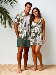 Matching Hawaii Shirt and Romper Plus Size Beach Outfit Tropical Leaf Hibiscus Printed for Couples -  