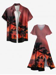 Tenue de plage hawaïenne assortie grande taille à imprimé cocotier et crépuscule pour couples - Rouge 