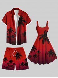 Tenue de plage hawaïenne assortie grande taille à imprimé cocotiers ombré Dip Dye pour couples - Rouge 