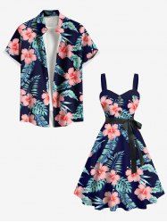 Tropical Leaf Hibiscus Flower Print Plus Size Matching Hawaii Beach Outfit For Couples -  