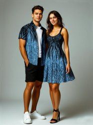 Curve Pattern Sparkling Sequin 3D Print Plus Size Matching Outfit For Couples -  