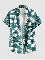 Plus Size Tropical Leaf Hibiscus Flower Print Hawaii Button Pocket Shirt For Men -  