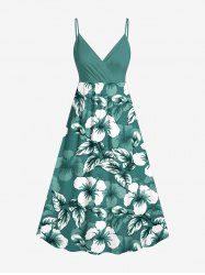 Plus Size Tropical Leaf Hibiscus Flower Print Hawaii Surplice A Line Cami Dress -  