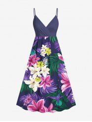 Plus Size Tropical Leaf Lily Flower Bird Print Hawaii Surplice A Line Cami Dress -  
