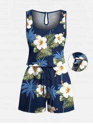 Plus Size Coconut Tree Tropical Leaf Hibiscus Flower Print Hawaii Drawstring Pocket Romper -  