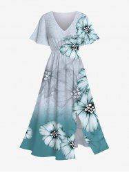 Plus Size Ombre Flower Print Hawaii Split Pocket A Line Midi Dress -  