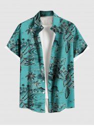 Plus Size Coconut Tree Hibiscus Flower Seascape Print Hawaii Button Pocket Shirt For Men -  