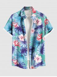 Plus Size Tropical Leaf Hibiscus Flower Print Hawaii Button Pocket Shirt For Men -  