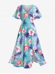 Plus Size Tropical Leaf Hibiscus Flower Print Hawaii Split Pocket A Line Midi Dress -  