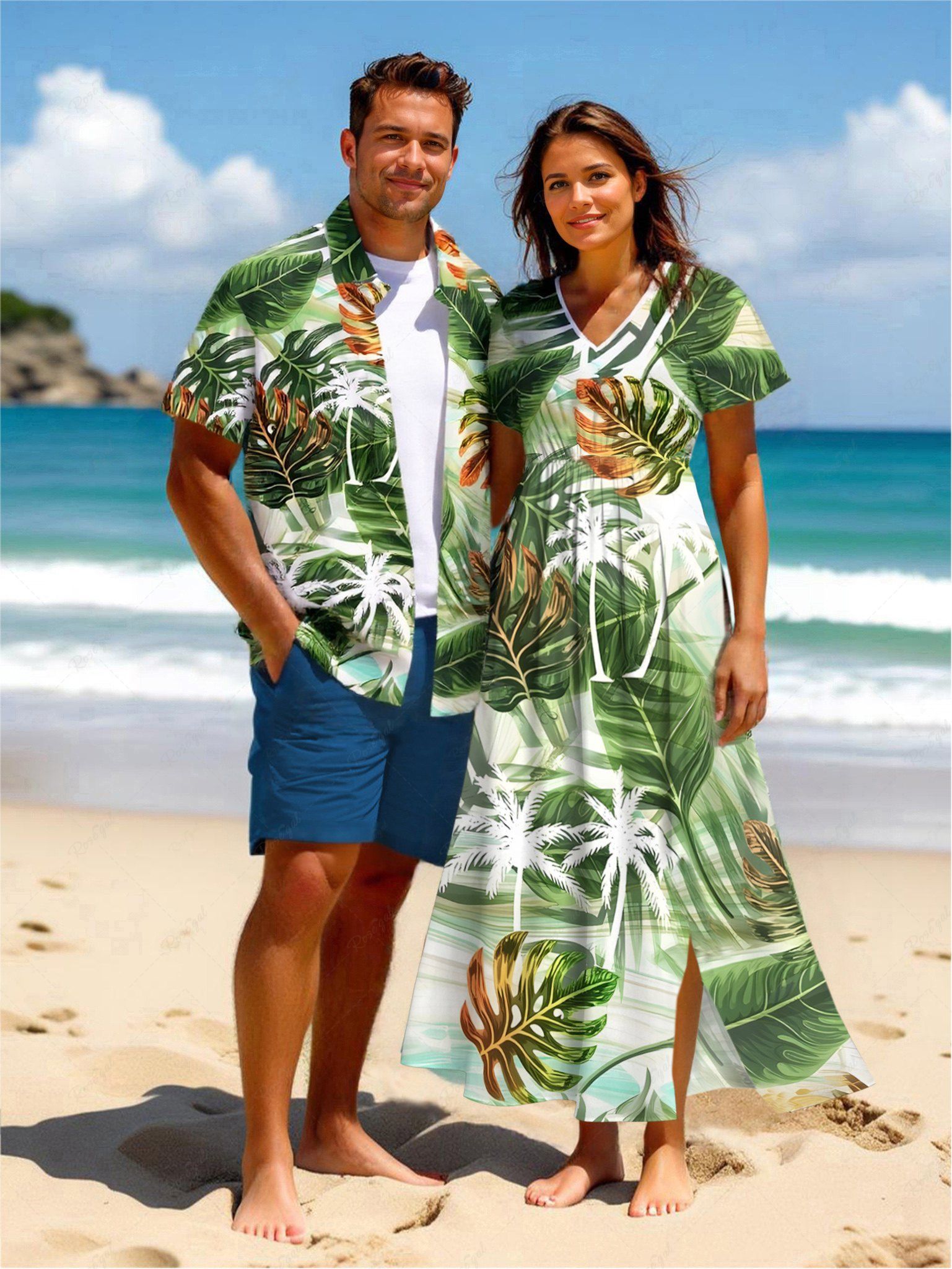 Tenue de plage hawaïenne assortie grande taille à imprimé feuilles tropicales et cocotiers pour couples Vert 