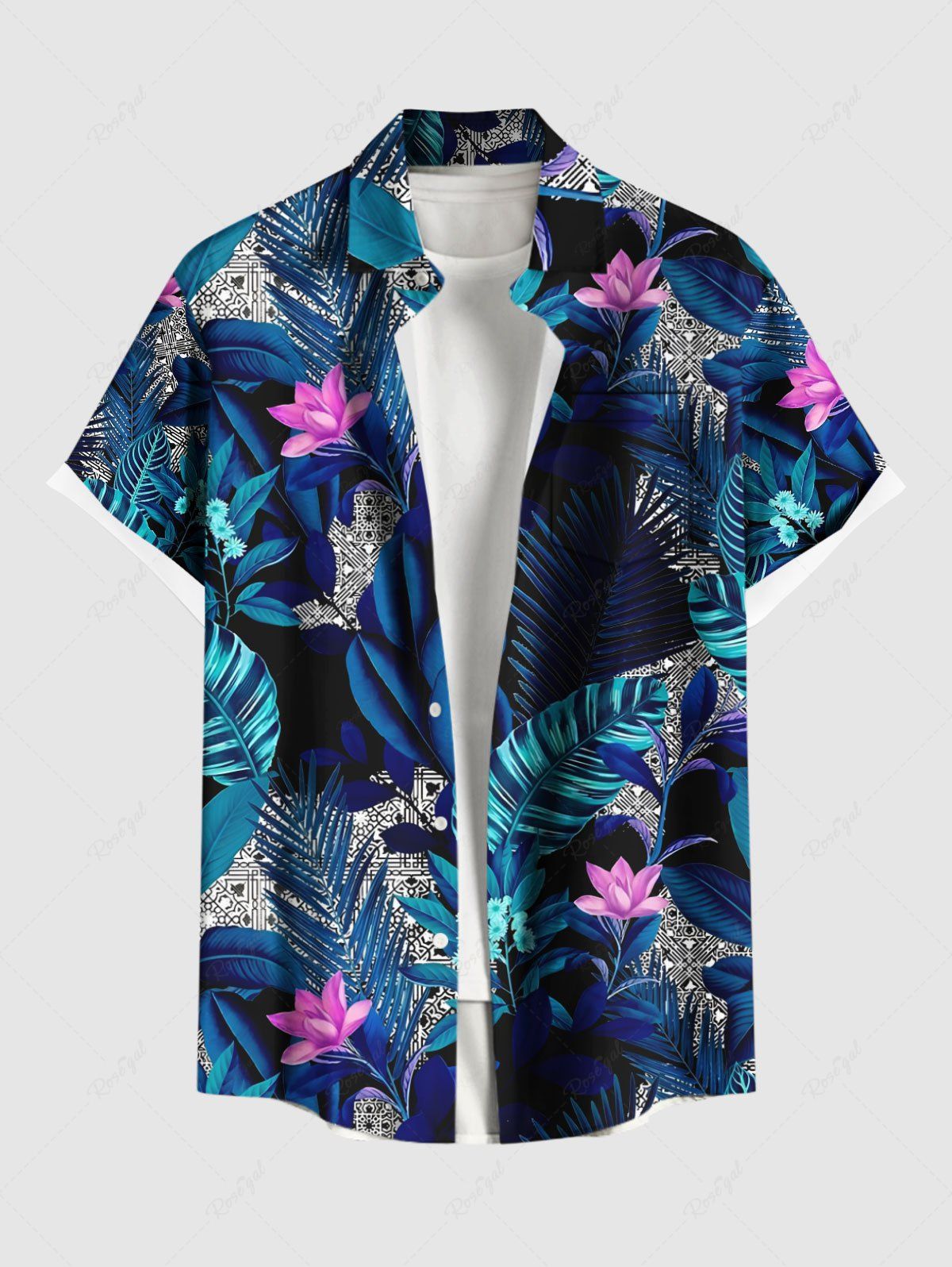 Chemise hawaïenne grande taille à imprimé feuilles tropicales et fleurs, avec poches et boutons, pour homme Bleu profond 6XL