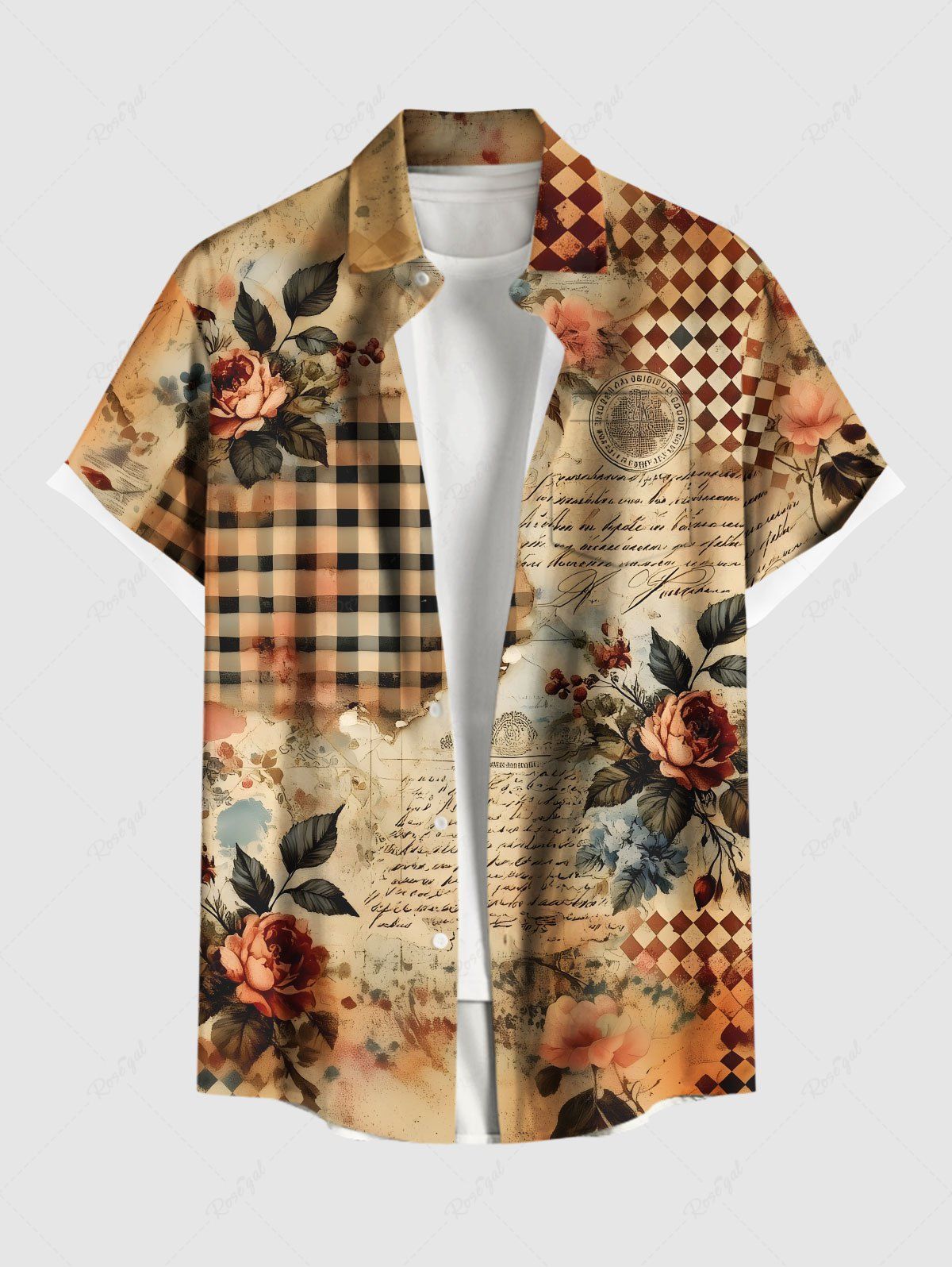 Chemise hawaïenne grande taille à carreaux, imprimé feuilles et fleurs roses, boutons et poches pour homme café L