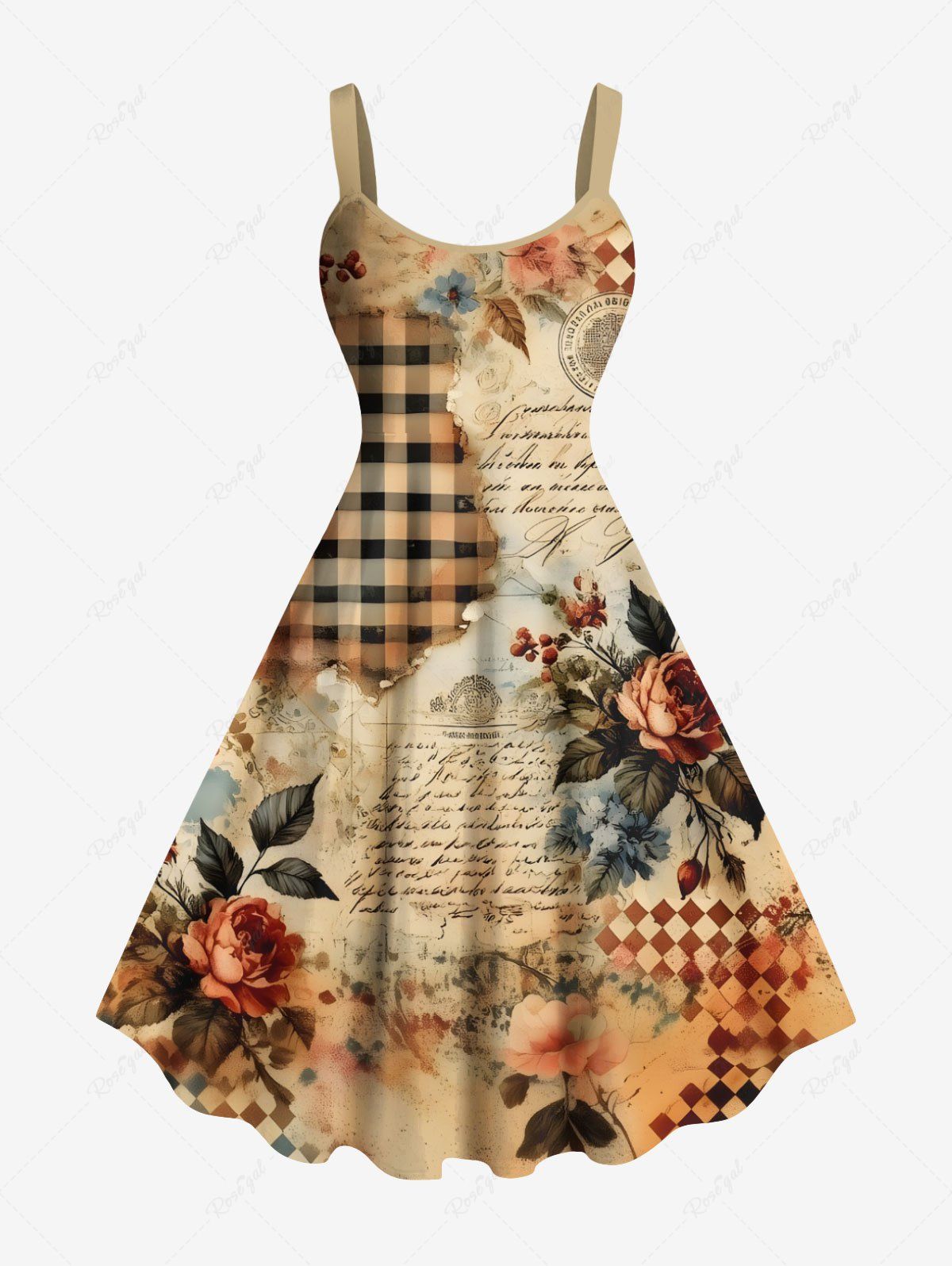 Trendy Plus Size Rose Flower Leaf Newspaper Plaid Print Hawaii Tank Dress  