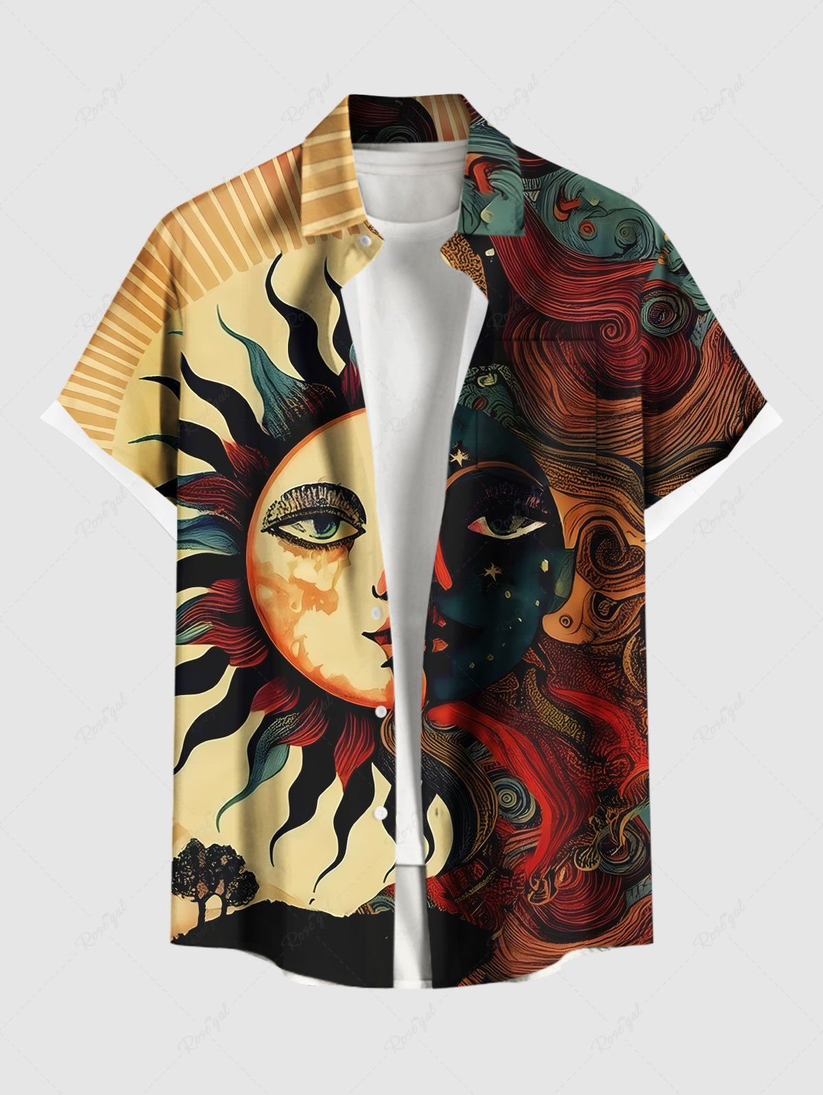 Chemise grande taille à boutons et poches pour homme, imprimé soleil, lune, étoiles, visage, arbres café lumière 6XL