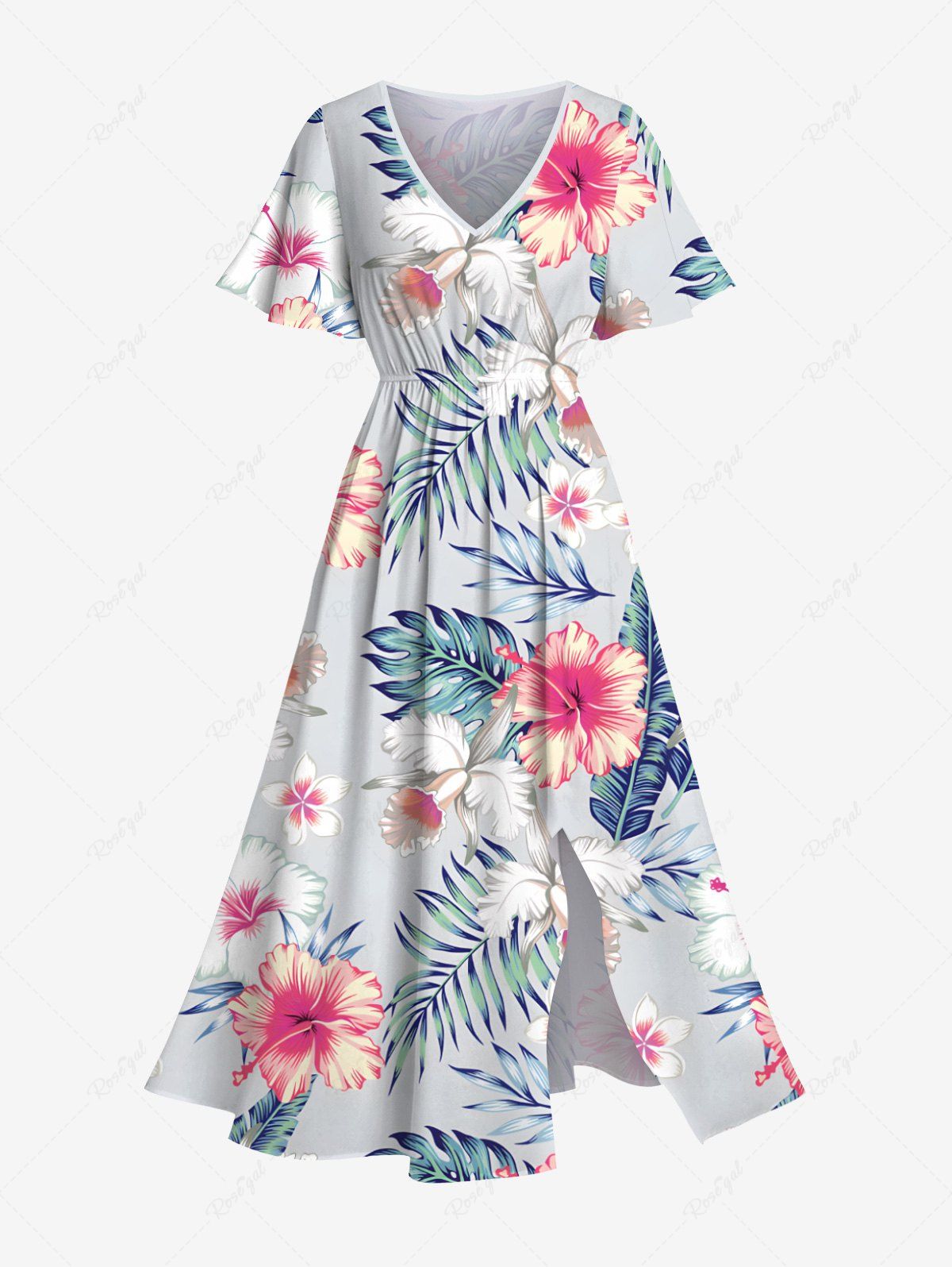 Chic Plus Size Hibiscus Flowers Leaf Tropical Print Split Hawaii Midi Dress  